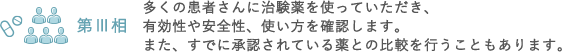 多くの患者さんに治験薬を使っていただき、有効性や安全性、使い方を確認します。
また、すでに承認されている薬との比較を行うこともあります。